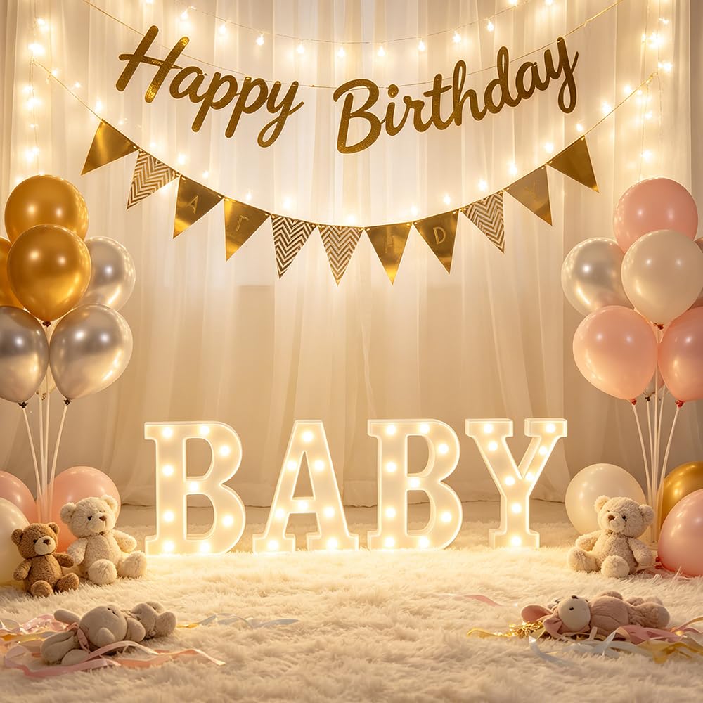 CDIXlmuz Baby Shower Marquee Letters - 4Pcs 8.6in Light Up Sign for Gender Reveal, Birthday, Nursery Home Table Decorations - Battery Operated Plastic Led Lights with On/Off Switch (White)