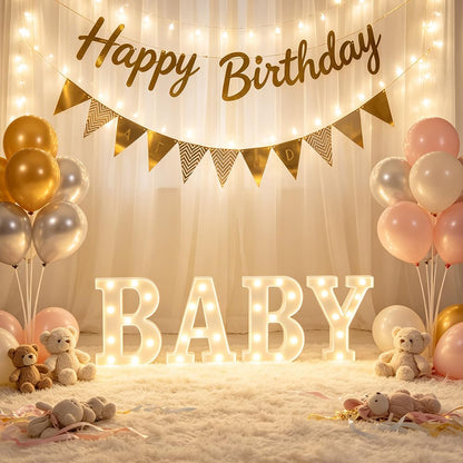 CDIXlmuz Baby Shower Marquee Letters - 4Pcs 8.6in Light Up Sign for Gender Reveal, Birthday, Nursery Home Table Decorations - Battery Operated Plastic Led Lights with On/Off Switch (White)
