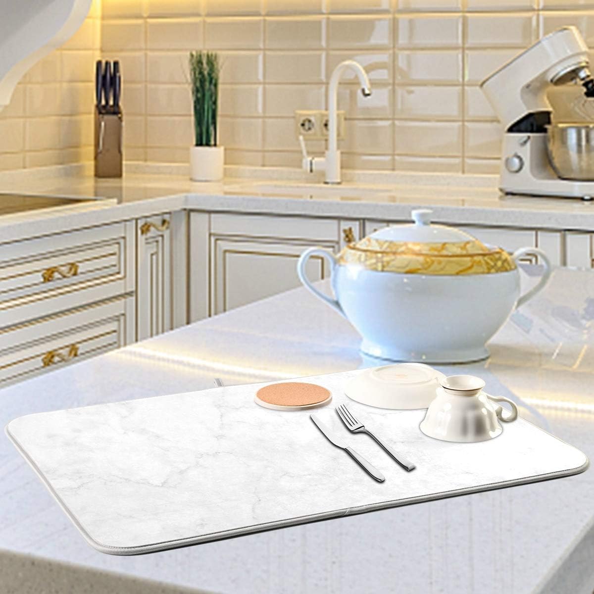 White Marble Dish Drying Mat for Kitchen, Easy Clean Dishwasher Safe Heat Resistant Eco-Friendly Countertop Mat, 16 x