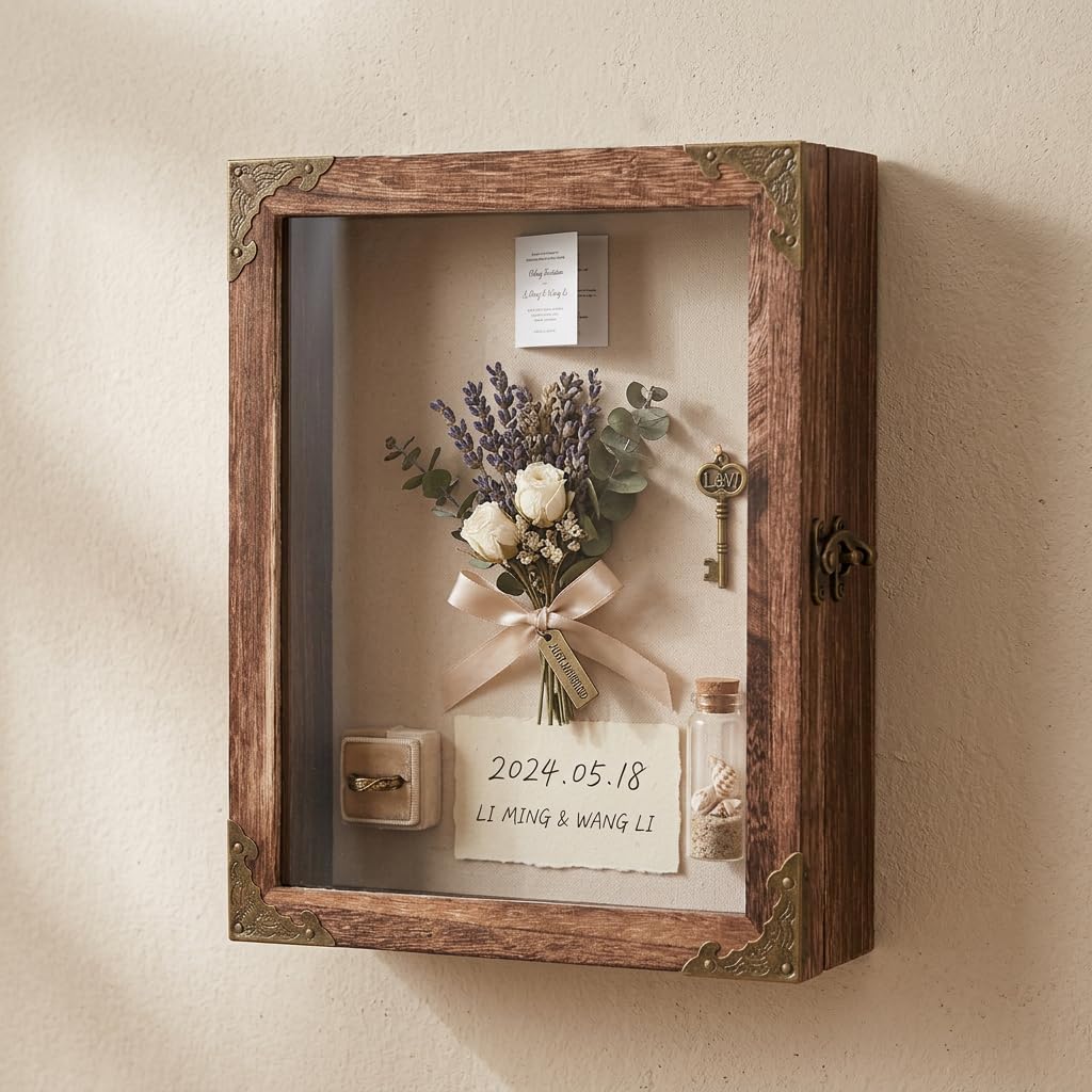 JINGJIAN 11x14 Shadow Box Frame Extra Deep 2.7 Inch, Solid Wood Display Case with Shatterproof Acrylic Door, Retro Lock, 10 Pins for Wedding Bouquet, Medals, Memorabilia