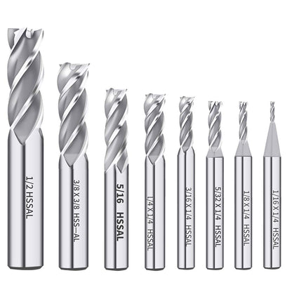 AUTOTOOLHOME 8PCS HSS 4 Flute End Mill Cutter Set, Straight Shank High Speed Steel Milling Bits 1/16" to 1/2" for CNC Router, Milling Machine, Metal, Wood, Plastic