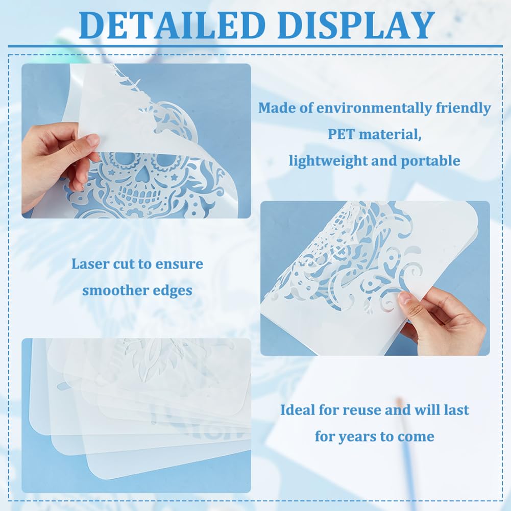 FINGERINSPIRE 10 Pcs Skull Spraying Stencils 8.3x11.7 11.8x11.8 Skeleton Crows Vampire Painting Large Stencil Reusable Horror Theme Big Templates for Porch Sign Door Hanger Holiday Decor