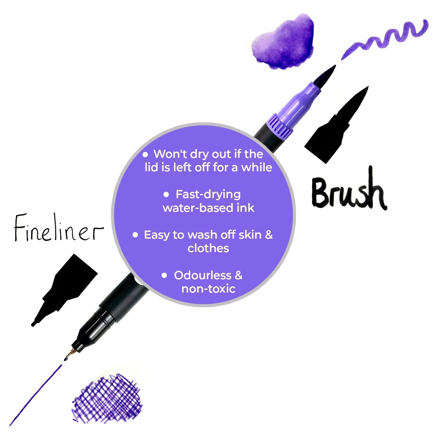 Zieler Fineliner Pens & Watercolour Brush Pens (Duo Tip, Set of 24) Ideal for Colouring, Drawing & Hand Lettering - 48 nibs - Vibrant Colours - Washable, Water-Based Ink
