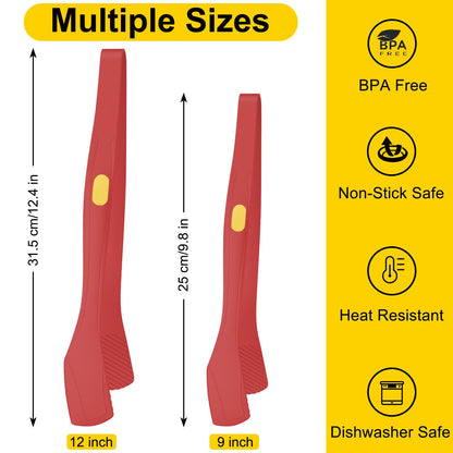 Beijiyi Kitchen Tongs for Cooking, 9" & 12" Set, Silicone Cooking Tongs with Silicone Tip for Nonstick Cookware, 600°F Heat Resistant, Stainless Steel Core, Great for Grilling and Serving Food (Red)