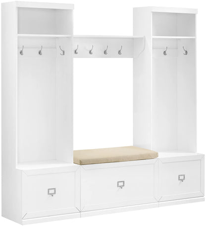 Crosley Furniture Harper 4-Piece Hall Tree, Storage Bench, and Wall Shelf Set with Coat Rack Hooks for Hanging, White