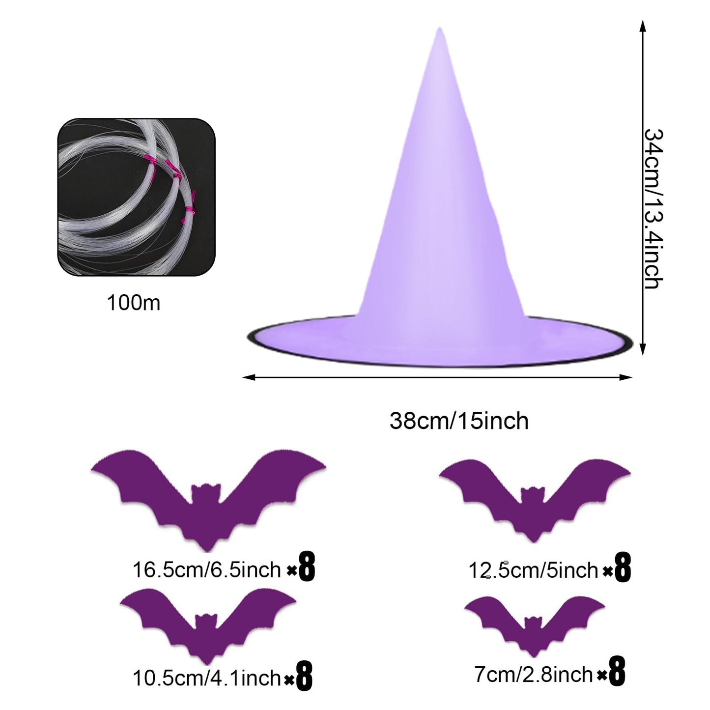 Whaline 14Pcs Halloween Purple Witch Hats with 109 Yard Hanging Rope 32Pcs 3D Bat Stickers Hanging Witch Caps for Home Garden Yard Lawn Decoration