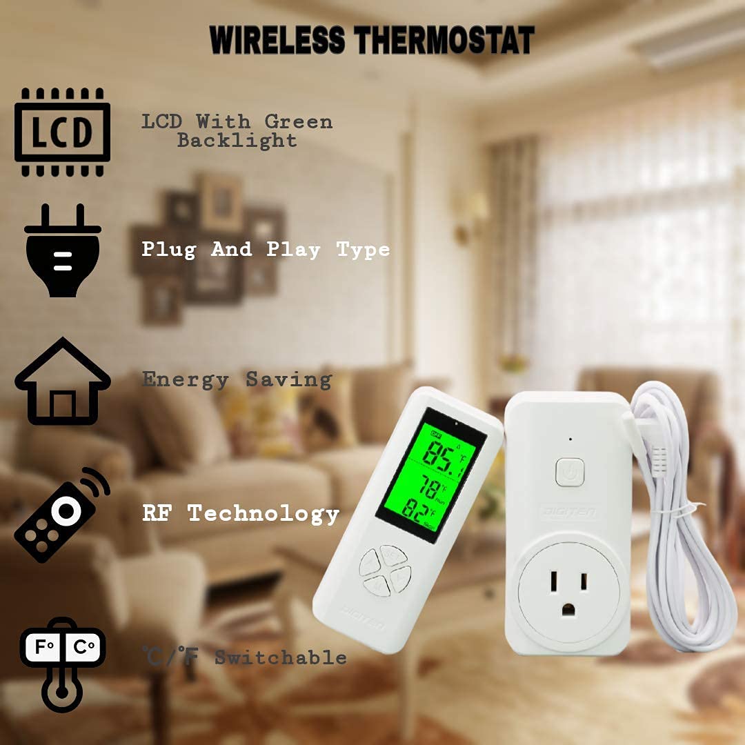 DIGITEN WTC200 Wireless Temperature Controller Thermostat Outlet Remote Control Thermometer with 2m/6ft NTC Temp Sensor Probe Heating Cooling Mode for Fan Heater Greenhouse Homebrewing Reptile