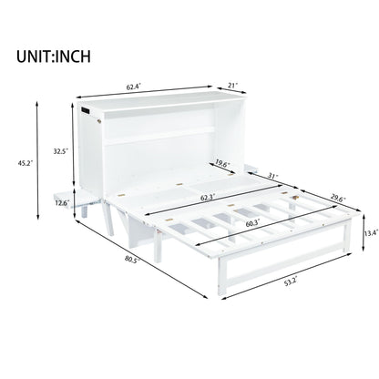 Queen Size Murphy Bed Cabinet with Charging Station,Mobile Cabinet Bed Murphy Chest Bed,Cabinet Bed Queen with Removable Shelves,Space Saving Murphy Bed for Bedroom,Guest Room,Office,White