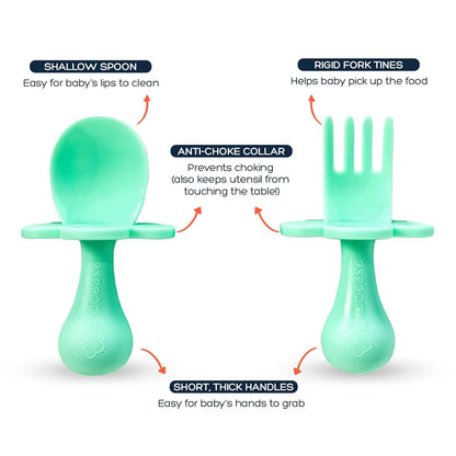 Grabease Baby & Toddler Spoons - Silverware, Utensils, BPA-Free & Phthalate-Free - 1 Set, Mint Baby Spoons - Toddler Utensils 1 Year Old