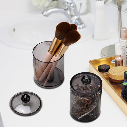 Skiennix Cotton Bud Dispenser - Clear Black Round Holder | 10 oz Apothecary Jar for Bathroom Storage