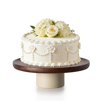 CEEFU 11 inch Rustic Acacia Wood Cake Stand - Natural Wooden Clay Wedding Cake Pedestal Serving Stand for Cupcake Dessert Bites Display in Party, Birthday, Beautiful Farmhouse Kitchen Decor