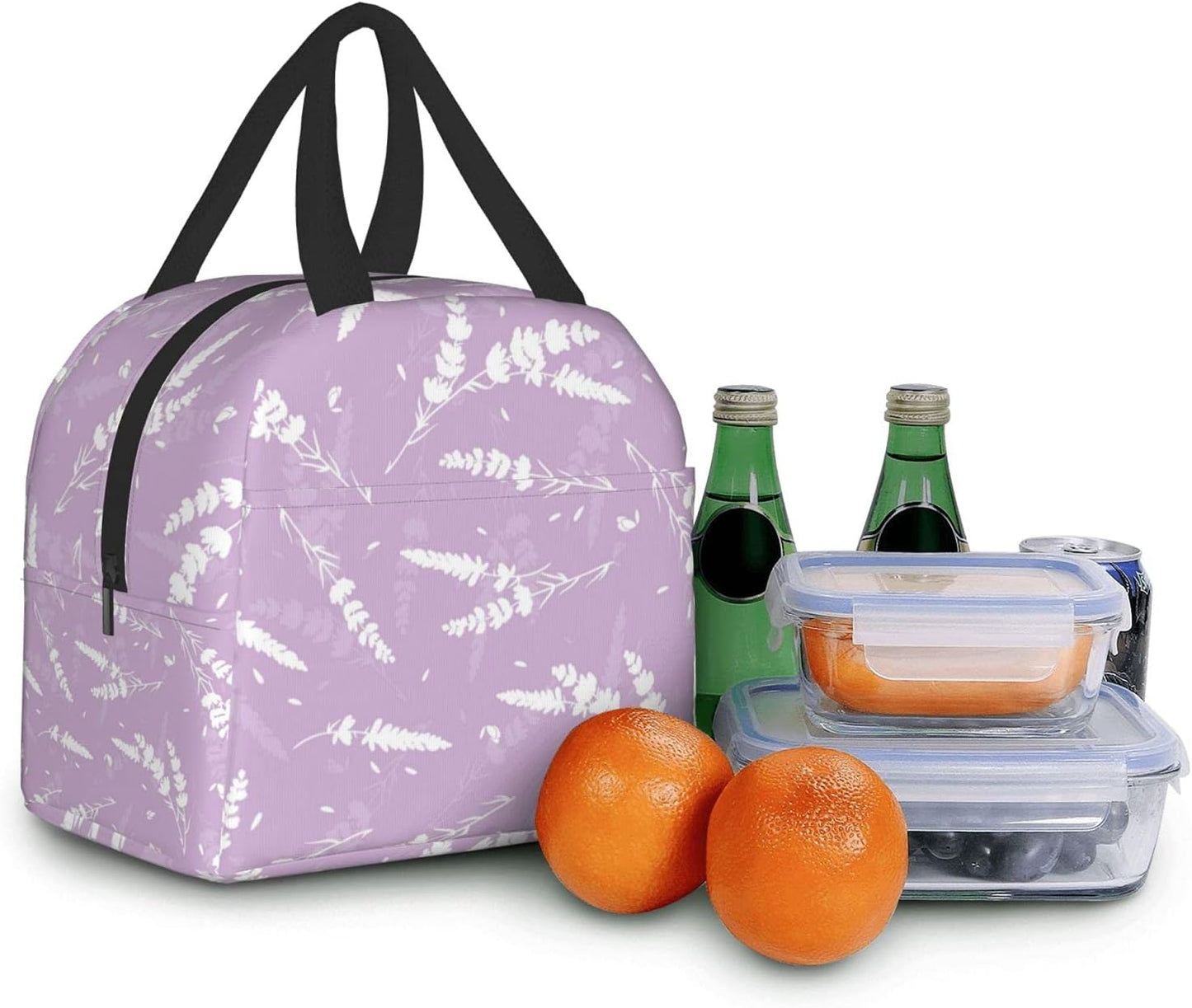 Reusable Lunch Box - Cute Lavender Flowers Light Purple Cooler Tote for Travel Picnic, Insulated Durable Shopping