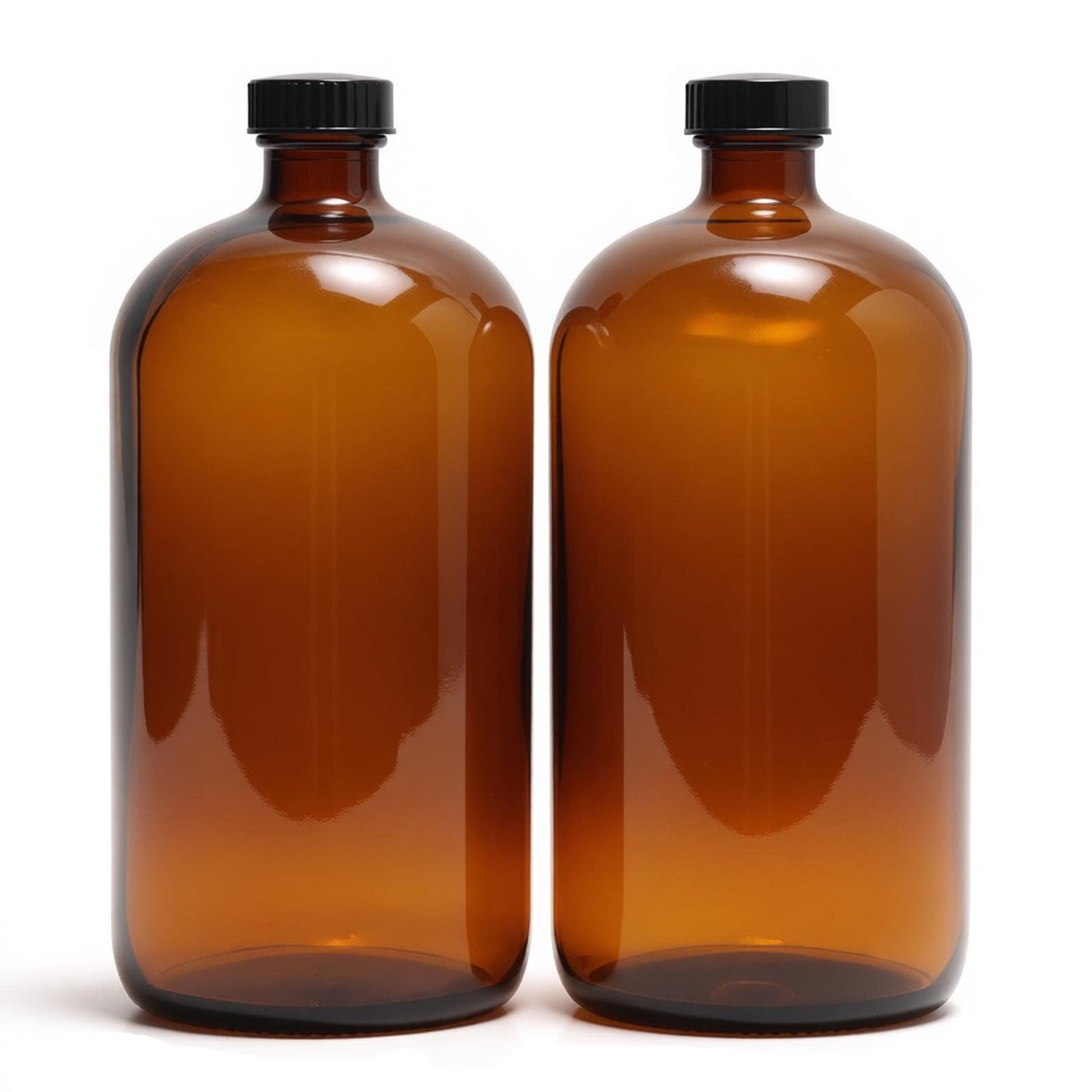 2 Pack 1000ml (32oz) Amber Glass Boston Round Bottles with Black Screw Caps - Empty Refillable Brown Glass Bottles for Essential Oils, Lab Chemicals, Cosmetics, Cleaning Solutions & Homemade Products