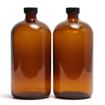 2 Pack 1000ml (32oz) Amber Glass Boston Round Bottles with Black Screw Caps - Empty Refillable Brown Glass Bottles for Essential Oils, Lab Chemicals, Cosmetics, Cleaning Solutions & Homemade Products