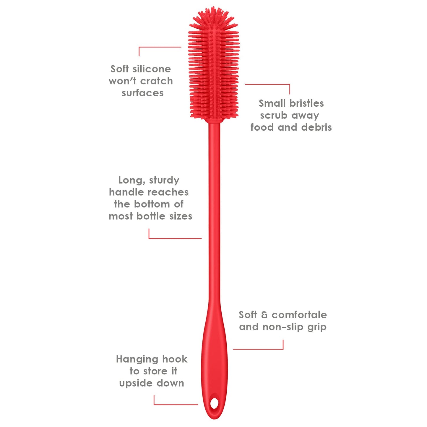 Purtribe Silicone Bottle Brush, Water Bottle Cleaner Brush with Long Handle, Perfect for Cleaning Narrow Neck Containers, Vacuum Sports Bottle, Tumblers, Flask, Glassware (1 Pack, Red)