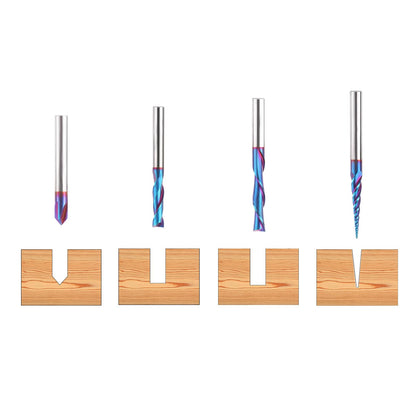 HQMaster 4 Pcs CNC Router Bits Set 1/4” Shank Tungsten Carbide Multiple Uses Router Bit End Mill for Woodworking Detail Carving Trimming V Groove Engraving Sign Making Grooving Slots and Mortises
