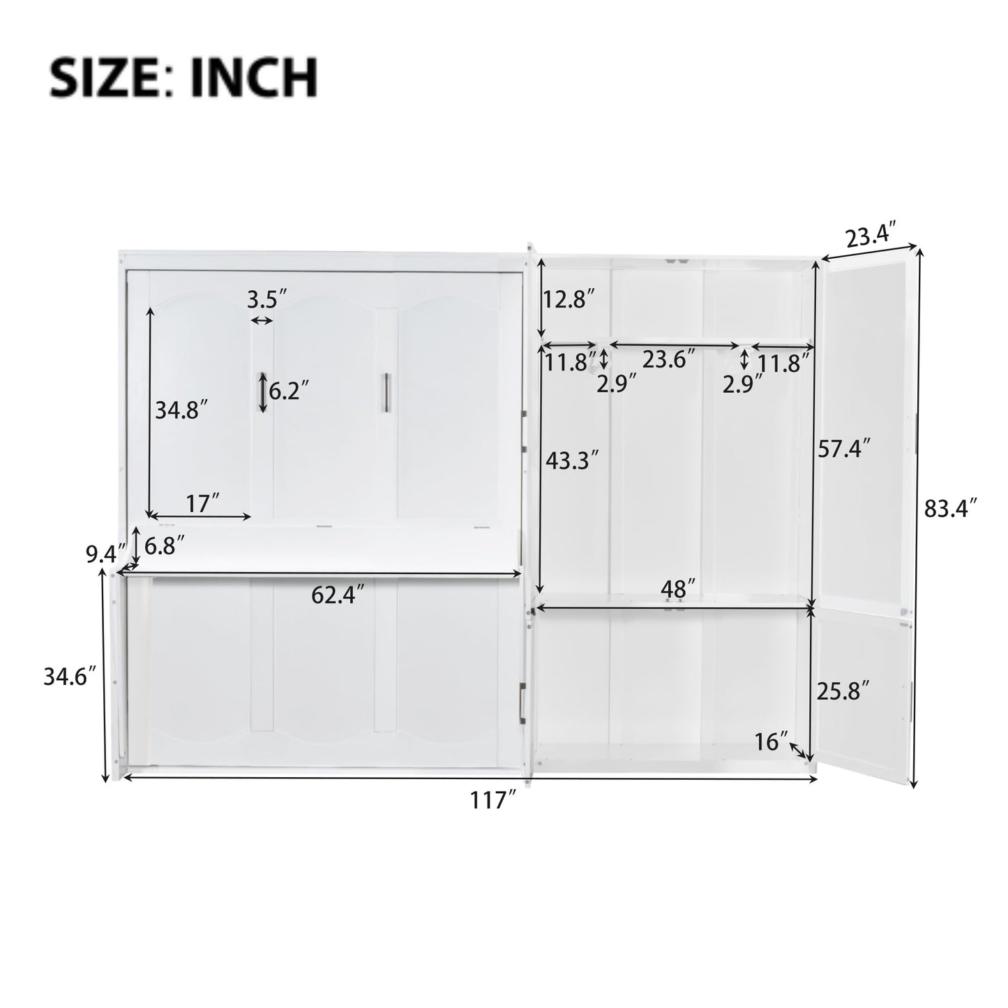 Merax Queen Size Murphy Bed Wall Bed with Closet and Wardrobe Storage for Bedroom,White