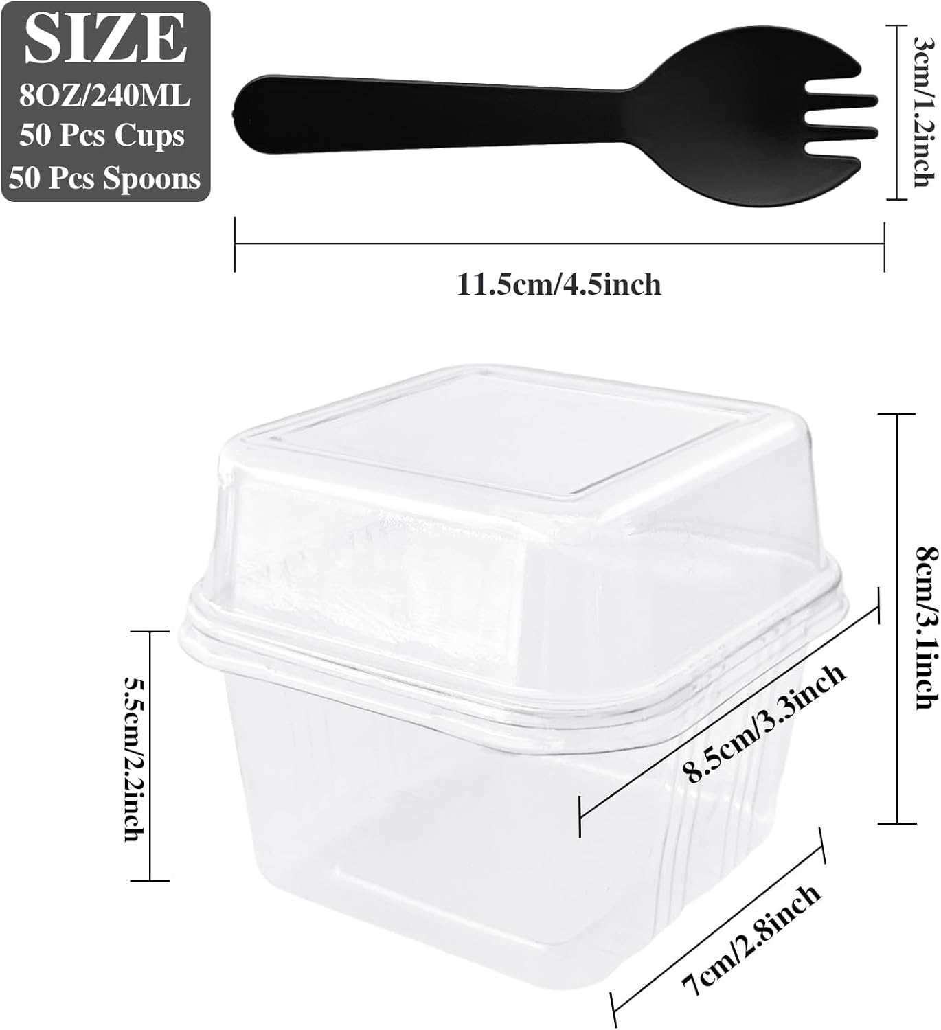 50 8OZ Qyyiguf Pcs Plastic Dessert Cups with Lids and Spoons,Square Parfait Cups,Disposable Ice Cream Containers