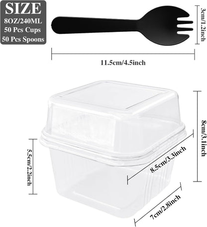 50 8OZ Qyyiguf Pcs Plastic Dessert Cups with Lids and Spoons,Square Parfait Cups,Disposable Ice Cream Containers