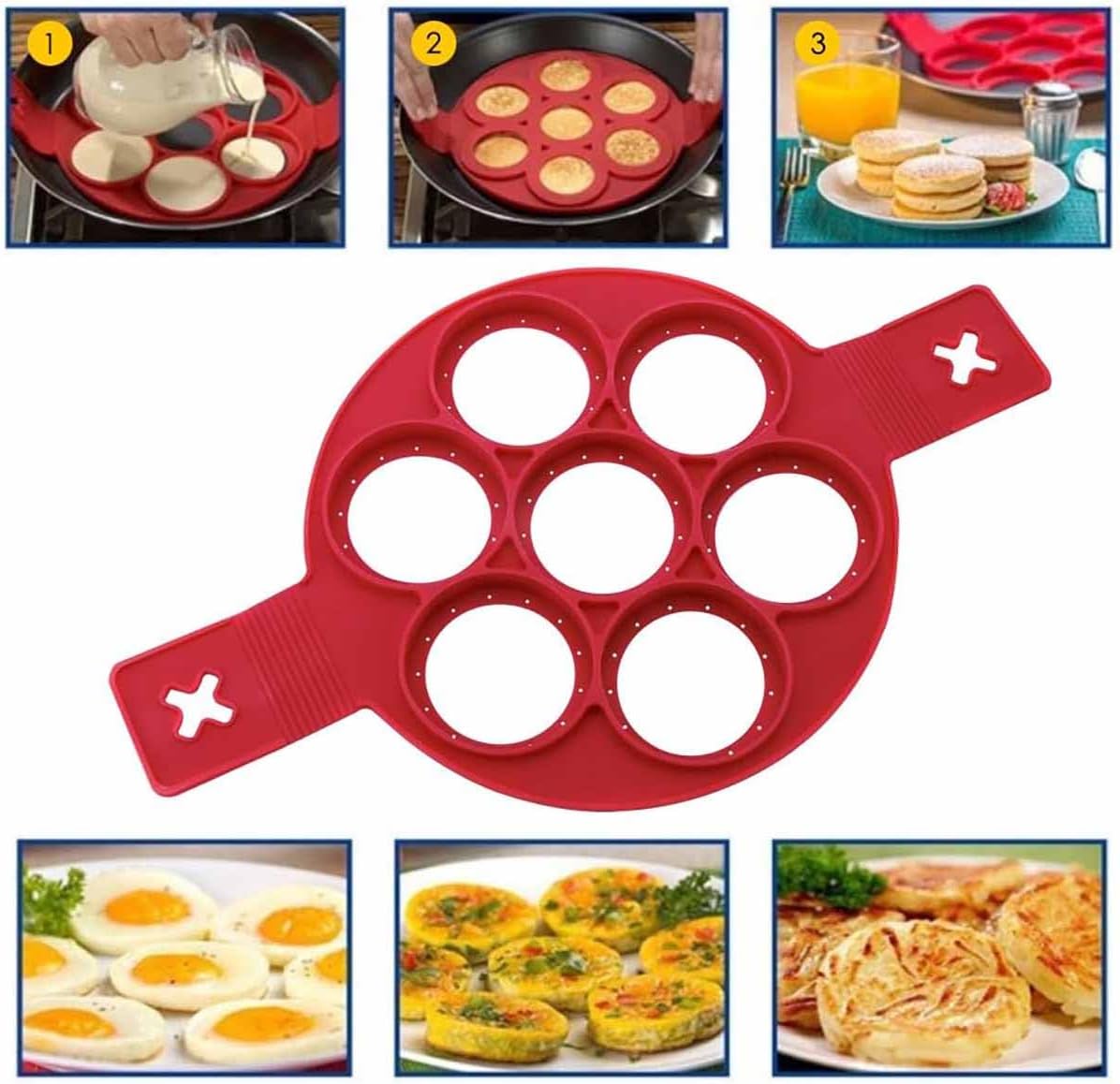 Flip N Cook Silicone Pancake Mold, Flip'n'cook Pancake Maker (Red-Round)
