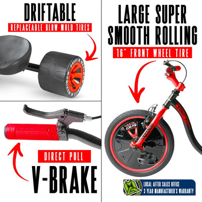 Drift Trike for Kids Ages 5+ – 16" Front Wheel Ride-On with Adjustable Seat, Steel Frame, Rear Slick Drift Wheels & Safety Flag – Madd Gear - (Black Red)