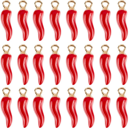 SUNNYCLUE 1 Box 100Pcs Hot Pepper Charm Chili Pepper Charms Enamel Mexican Fiesta Cinco De Mayo 3D Red Italian Horn Chilis Miniature Food Pendants for Jewelry Making Supplies DIY Necklace Keychain