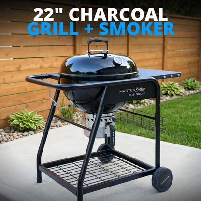 SnS Grills 22-Inch Charcoal Grill and Smoker — MasterKettle with Patented Slow ‘N Sear Deluxe Insert, 304 Stainless EasySpin Grate, Integrated Side Table, 10-Year Warranty.