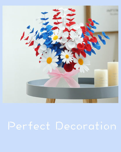 BAZIMA Felt Eucalyptus Daisy Bouquet, Felt Flowers,Multi-Color Felt Leaves,DIY Bouquet,Artificial Flower Bouquet with Flower Pot,Floral Gifts,15 Eucalyptus and 8 Daisies kit(Red, White and Blue)