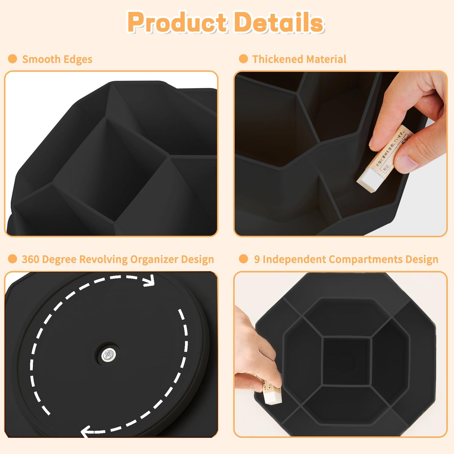 Cayxenful Pencil Pen Holder for Desk,9 Slots 360 Degree Rotating Desk Organizers,Desktop Storage Stationery Supplies Organizer, Cute Pencil Cup Pot For Office, School, Home(Black)