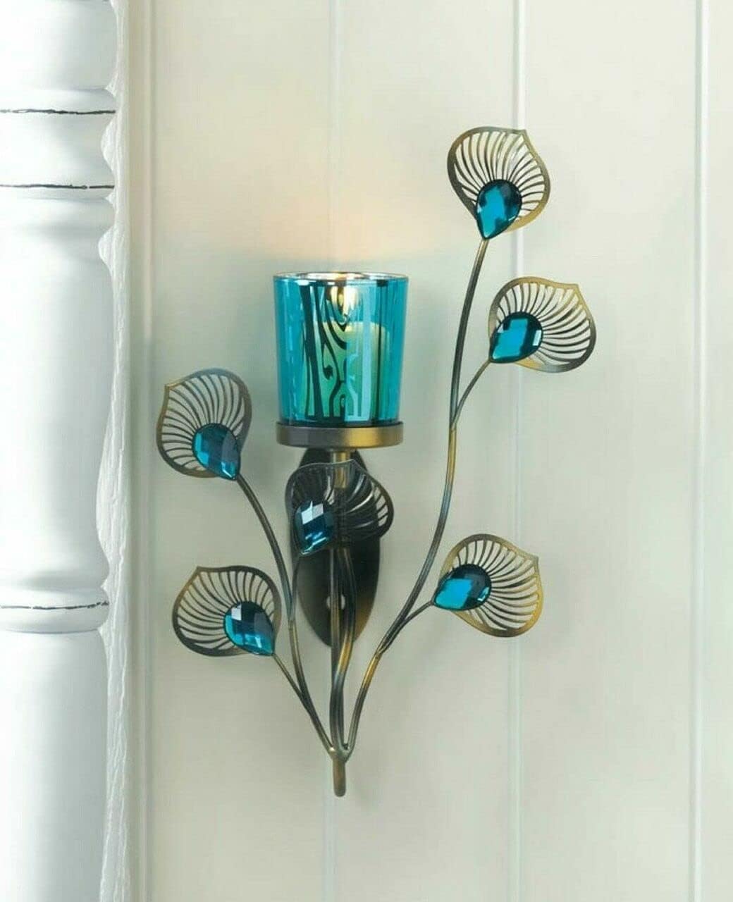 6.75x2.25x10.75, Zingz & Thingz Exotic Peacock Plume Collection Tealight & Candle Lighting, Wall Sconce Single