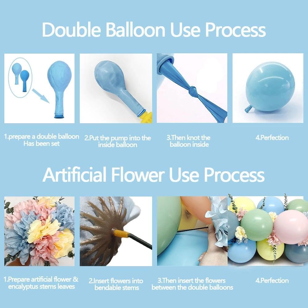 Pink Blue Green Balloon Arch Kit with Artificial Flowers, Double Stuffed Light Baby Yellow Pink Blue Green Pastel Floral Balloon Garland for Baby Shower Wedding Birthday Fairy Spring Tea Party Decor