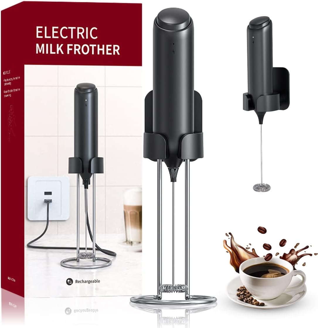 Rechargeable Handheld Milk Frother for Coffee, Electric Whisk with Wall Mounted Stand for Lattes, Hot Chocolate