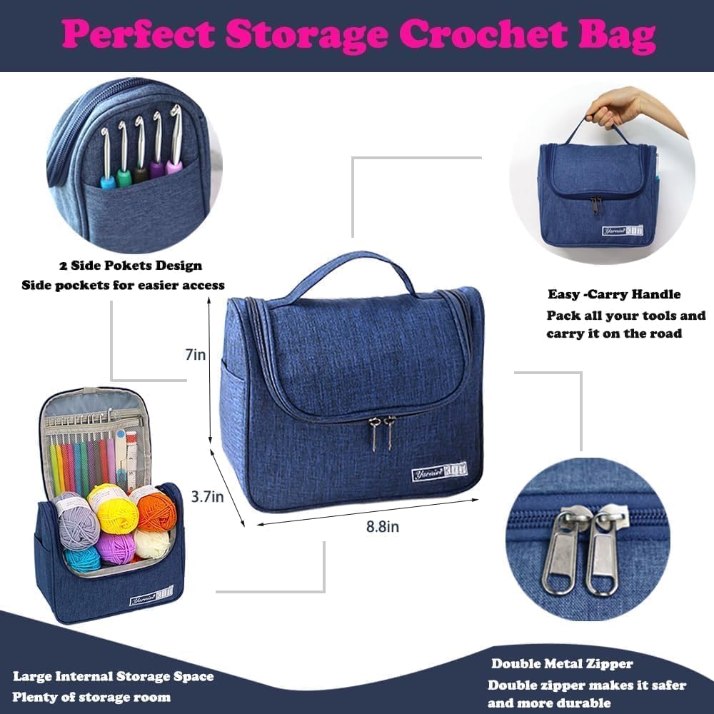 Yarniss Crochet Kit for Beginners,All in One Crochet Kits with 840 Yards Crochet Yarn,Ergonomic Crochet Hooks Set with Yarn for Adults,Navy
