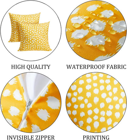Set of 2 Outdoor Pillow Covers 16x16 Yellow Polka Dot Waterproof Decorative Pillow Cases for Summer Outdoor Sofa Bed