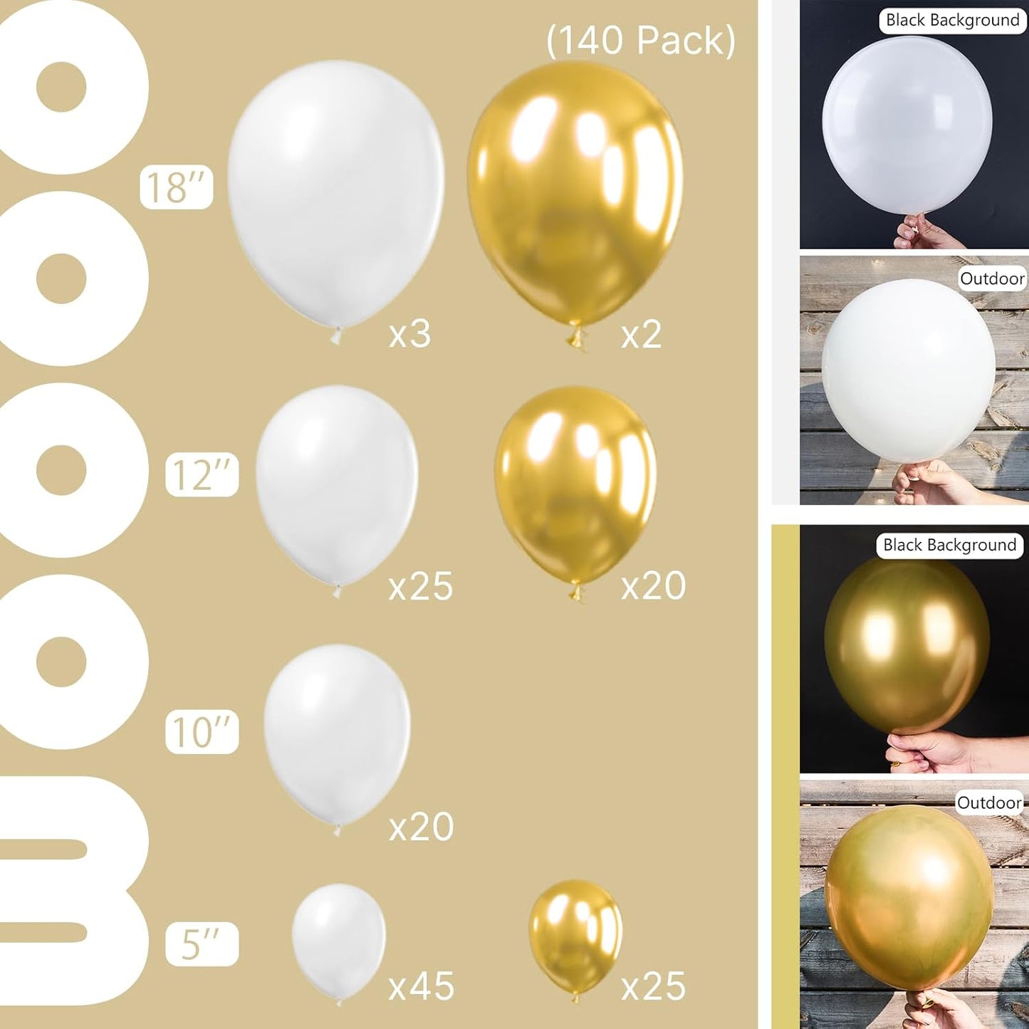 PartyWoo White and Gold Balloons - 140-Piece Pack in Various Sizes for Stunning Birthday Decorations