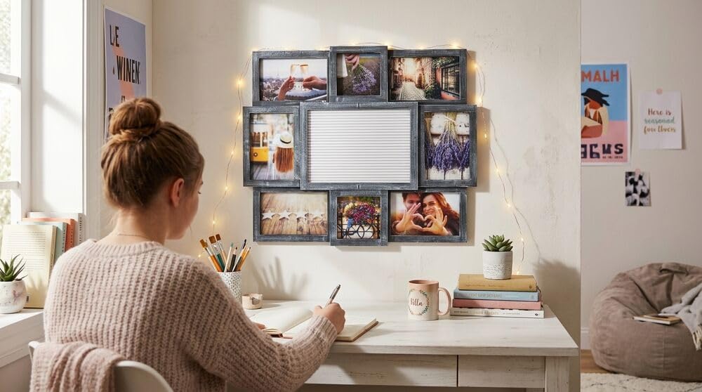 MELANNCO Collage Picture Frame with Letter Board, 8 Opening Photo Display for 4x6 and 4x4 Photos, 19 x 17 Inch Wall Decor with 144 Changeable Letters, Numbers and Symbols, Distressed Black