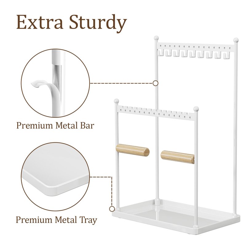 Josmimic 3 Tier white Jewelry Stand, Necklace Organizer, Earring Holder with 44 Holes and 9 Hooks, for Necklaces, Bracelets, Rings