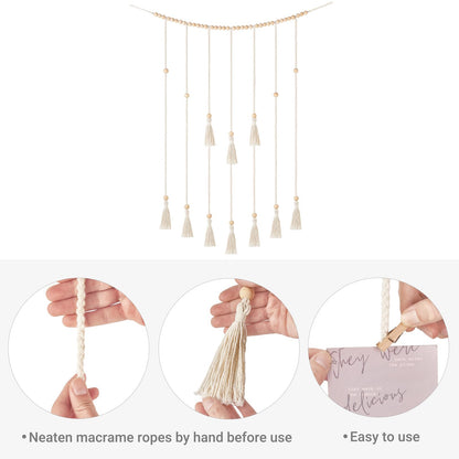 Mkono Macrame Hanging Photo Display Wall Decor with String Lights Boho Room Bedroom Wooden Beads Garland Picture Greeting Cards Holder with 30 Clips