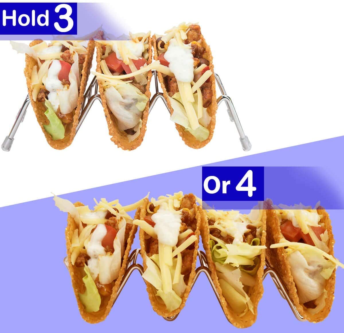 MEKBOK Taco Holders set of 3,Stainless Steel Taco Shell Holder Stand,Taco Tray Plates for Taco Bar Gifts Accessories,Holds 4 Tacos Each,Oven Safe for Baking, Dishwa sher and Grill Safe