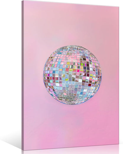 Generic 70s 12x16in Trendy Soft Pink Disco Ball Canvas Wall Art Funky Girl Silver Mirrorball Textured Poster Maximalist