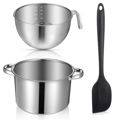 Double Boiler Pot Set, Include 2500ml/2.3QT Mixing Bowl and 4000ml/3.63qt Stainless Steel Pot, Silicone Spatula, For Candy, Soap Wax Candle Making Supplies, Induction Safe