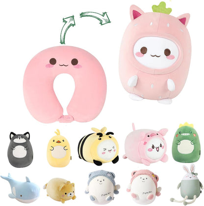 2-in-1 Kids Travel Pillow - Deformable Kids Neck Pillow for Traveling, Soft U-Shaped Pillow with Adorable Animal
