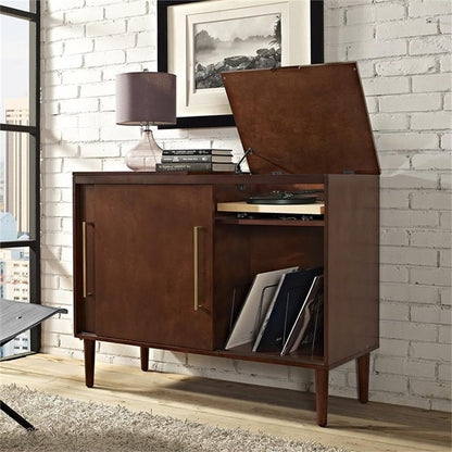 BOWERY HILL Mid-Century Media Console Table, 44 in x 18 in x 34.25 in, MDF/Birch Veneer, Mahogany Finish, Gold Metal Hardware, Hinged Top, Vinyl Record Storage, Sliding Doors, Living Room Turntable