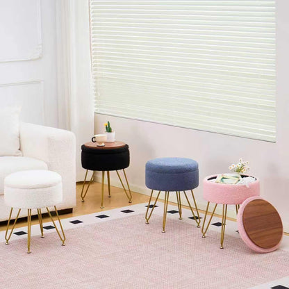Wimarsbon Storage Ottoman,Teddy Velvet Vanity Stool,Soft Padded Seat,Round Footrest with Removable Cover and Adjustable