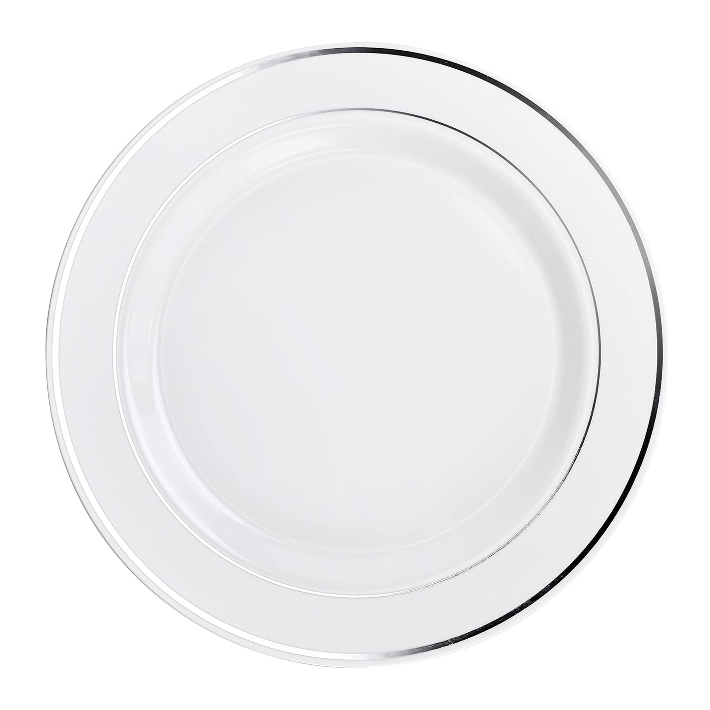 OCCASIONS 40 Piece Disposable Plastic Charger Plates 12 Inch Heavyweight Chargers for Dinner Plates, Wedding, Party, Bulk Table Setting – Premium White & Silver Rim Collection