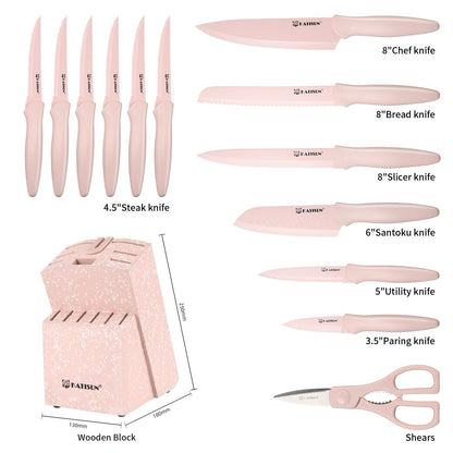 Knife Set, 15 Pieces Knives Sets for Kitchen with Block, Dishwasher Safe Kitchen Knife Set with Built in Sharpener Block, German High Carbon Stainless Steel Knife Block Set with Pink Nonstick Coating