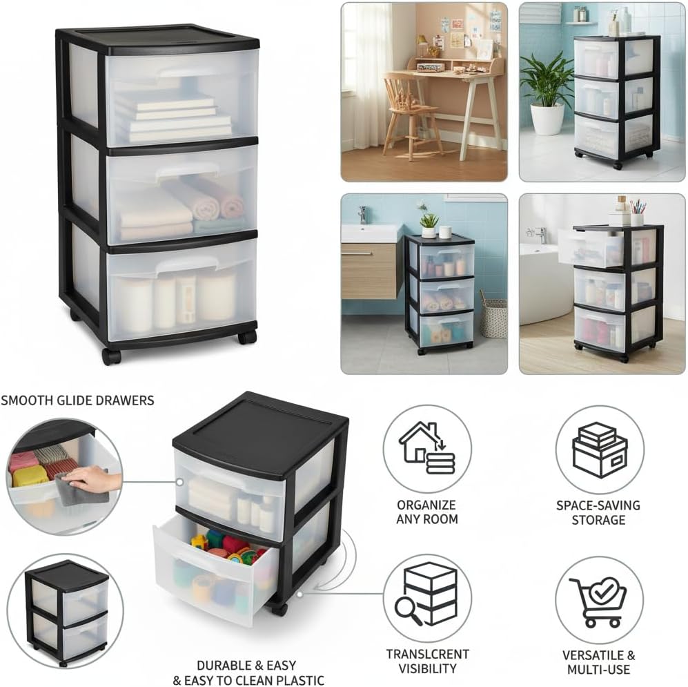 CNEIESD 3-Drawer Transparent Storage Cart Multi-Functional, Portable Home Organization, Black