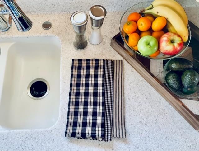 fillURbasket Black Farmhouse Kitchen Towels - Set of 3 Striped Buffalo Checked Plaid Dish Towels for Decor