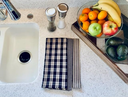 fillURbasket Black Farmhouse Kitchen Towels - Set of 3 Striped Buffalo Checked Plaid Dish Towels for Decor