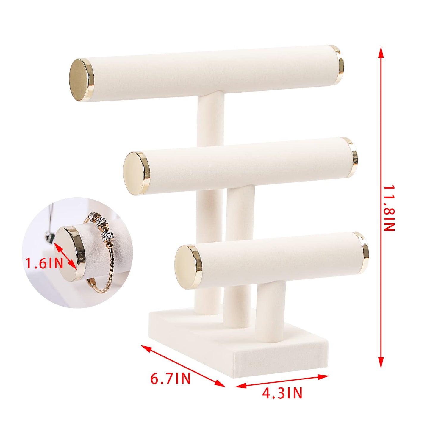 Pengup 3 Tier Bracelet Holder,Bracelet Display Stand with Metal Cap,Beige White Velvet Jewelry Organizer Displays for Necklace Scrunchies Watches Hair Ties.